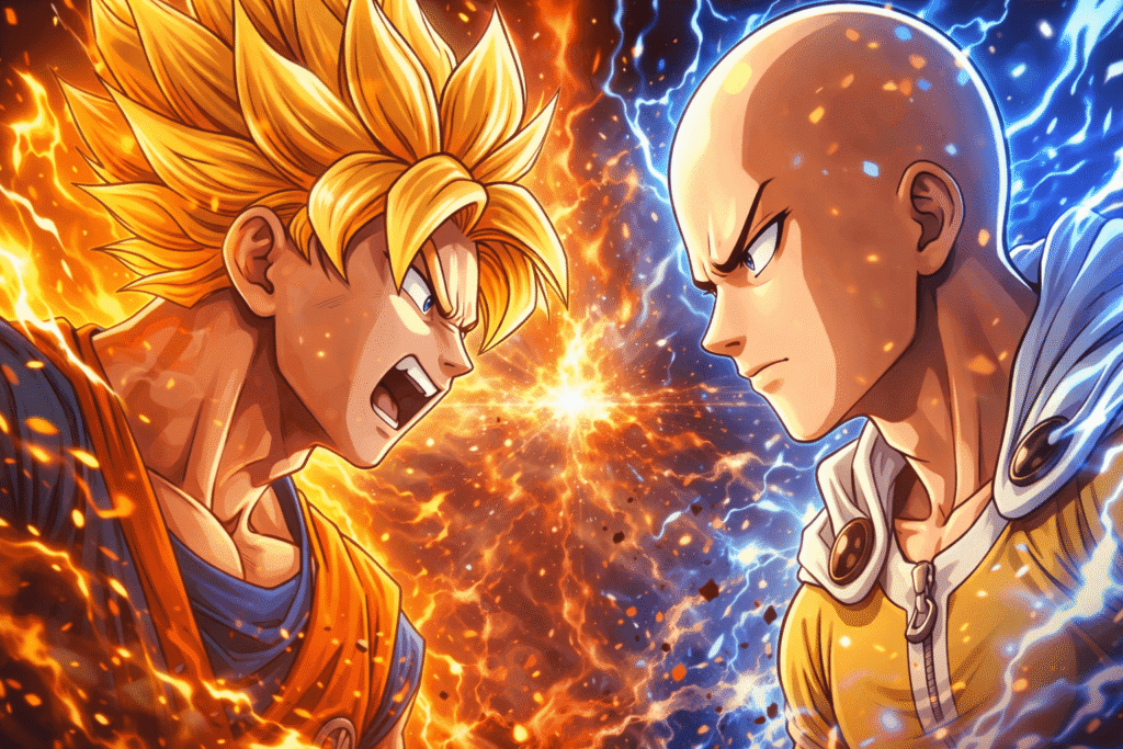Goku-em-Super-Saiyajin-enfrentando-Saitama-em-um-confronto-epico-com-energia-explosiva-e-clima-de-batalha-intensa-entre-Dragon-Ball-e-One-Punch-Man.