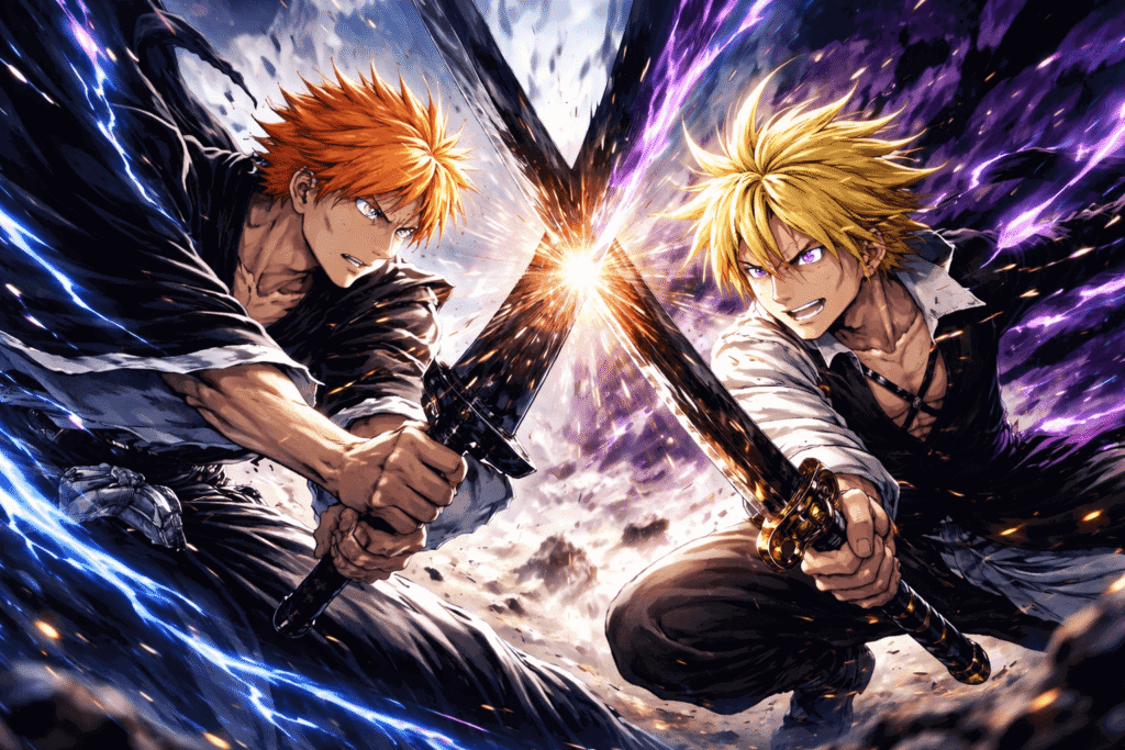 Ichigo Kurosaki e Meliodas se enfrentando em uma batalha intensa, com espadas colidindo e energia explosiva ao redor.