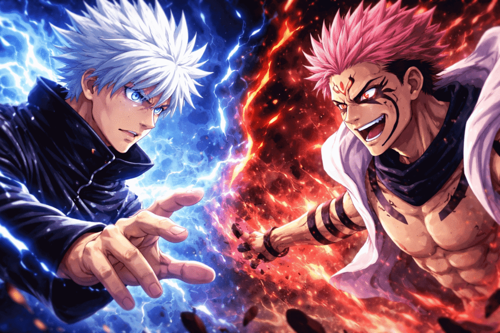 Ilustração anime de Gojo Satoru enfrentando Sukuna com energias amaldiçoadas em choque durante uma batalha intensa