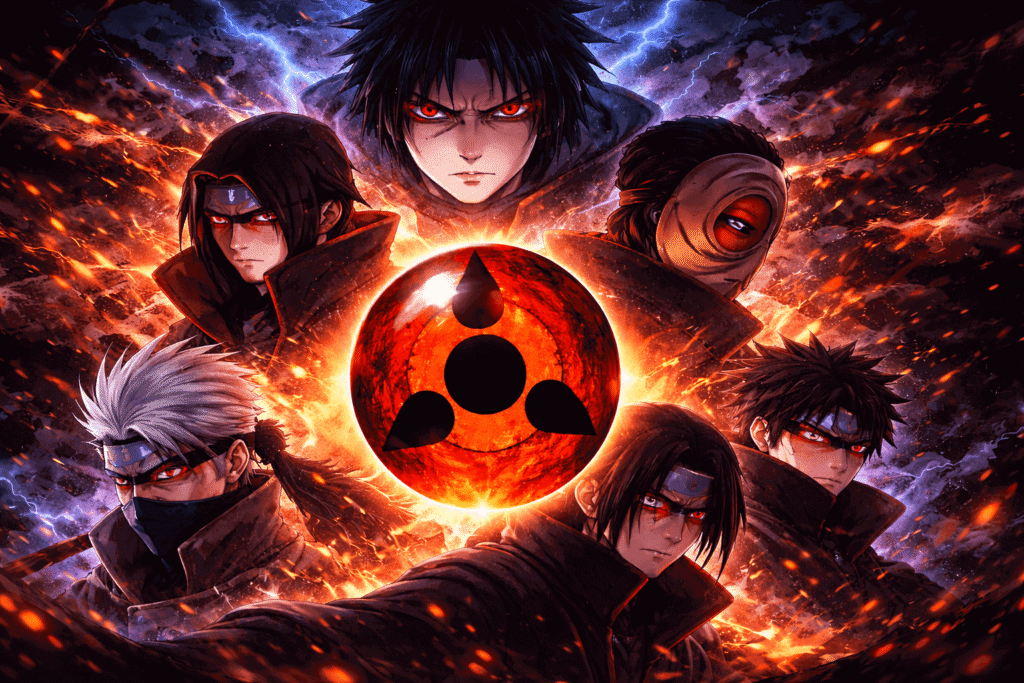 Ilustração dramática do Sharingan com membros do clã Uchiha ao redor, em clima intenso e cheio de energia.