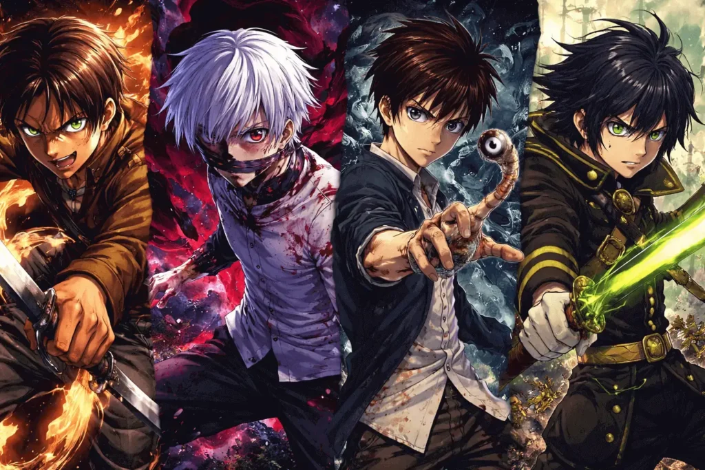 Ilustração em estilo anime com protagonistas de animes sombrios como Attack on Titan, Tokyo Ghoul, Parasyte e Seraph of the End, mostrando personagens em poses de combate, atmosfera intensa, cenário apocalíptico.