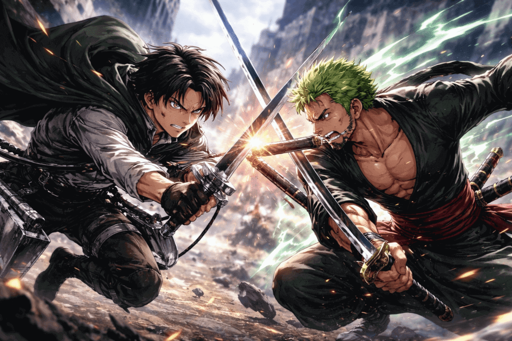 Ilustração em estilo anime de Levi Ackerman e Roronoa Zoro em confronto direto, com espadas cruzadas em um cenário destruído e cheio de ação.