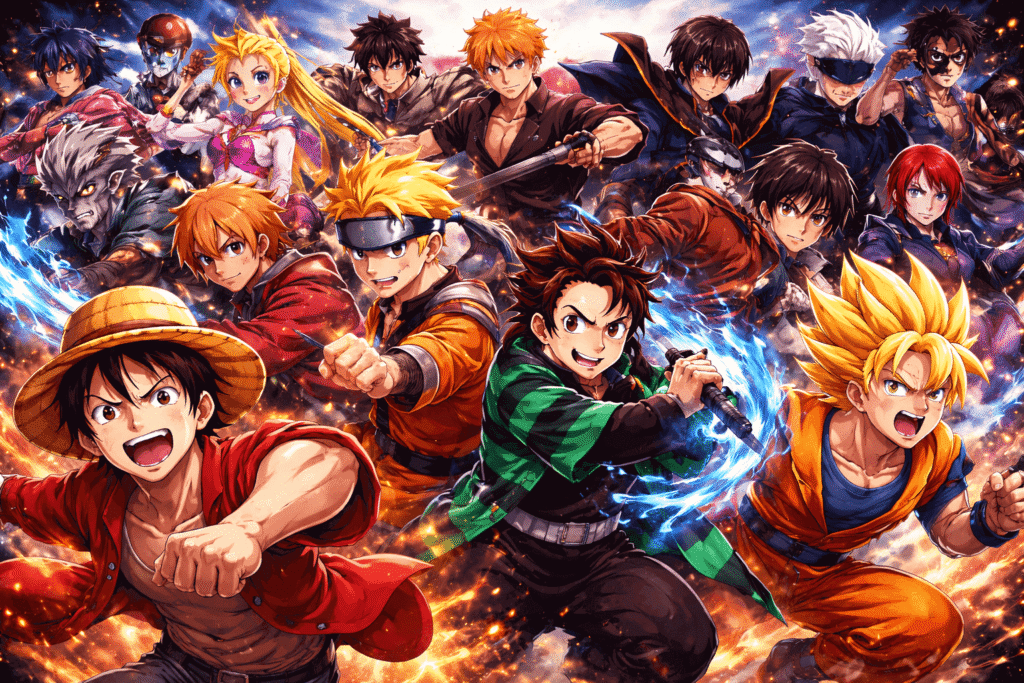 Ilustração épica com personagens icônicos de animes em ação, incluindo Luffy, Naruto, Goku e Tanjiro em um crossover dinâmico e cheio de energia.