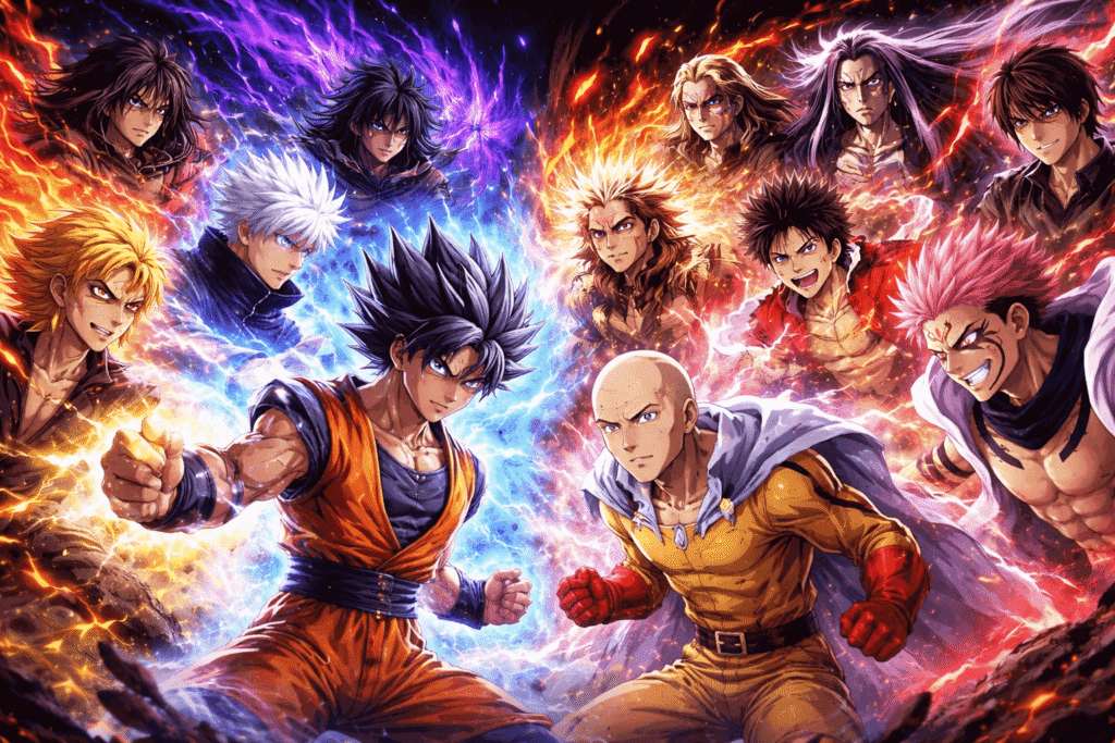 Ilustração épica com vários personagens poderosos de animes reunidos, incluindo Goku e Saitama, cercados por auras de energia em clima de confronto.