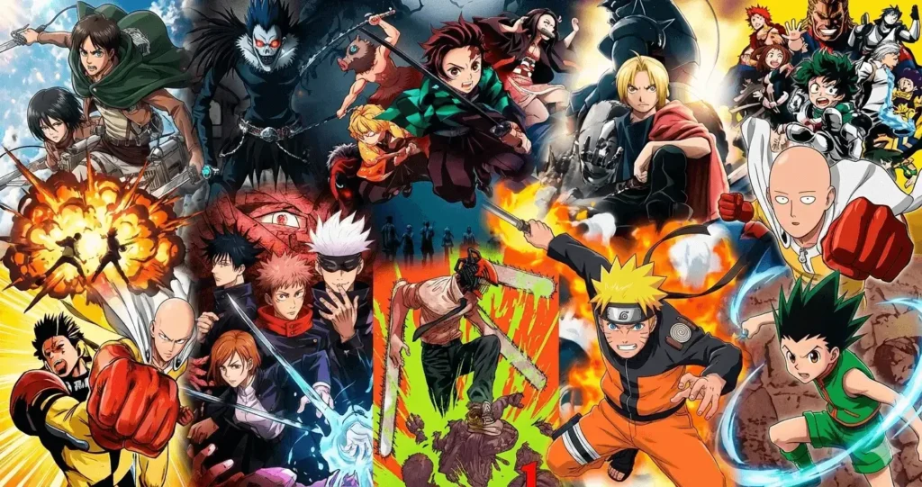 Ilustração vibrante com personagens de anime em estilo dinâmico e expressões intensas, representando animes viciantes desde o primeiro episódio, com ação, emoção e fantasia em destaque.