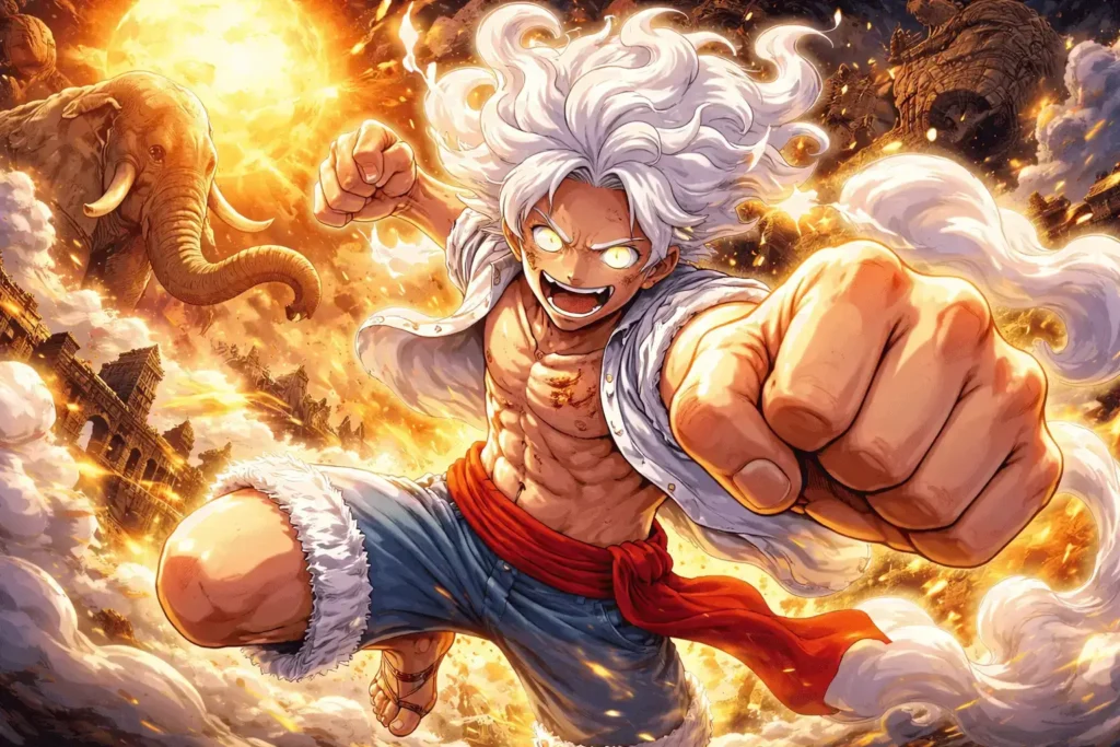 Luffy em Gear 5 liberando seu poder máximo, com aura brilhante e expressão de liberdade absoluta em One Piece.