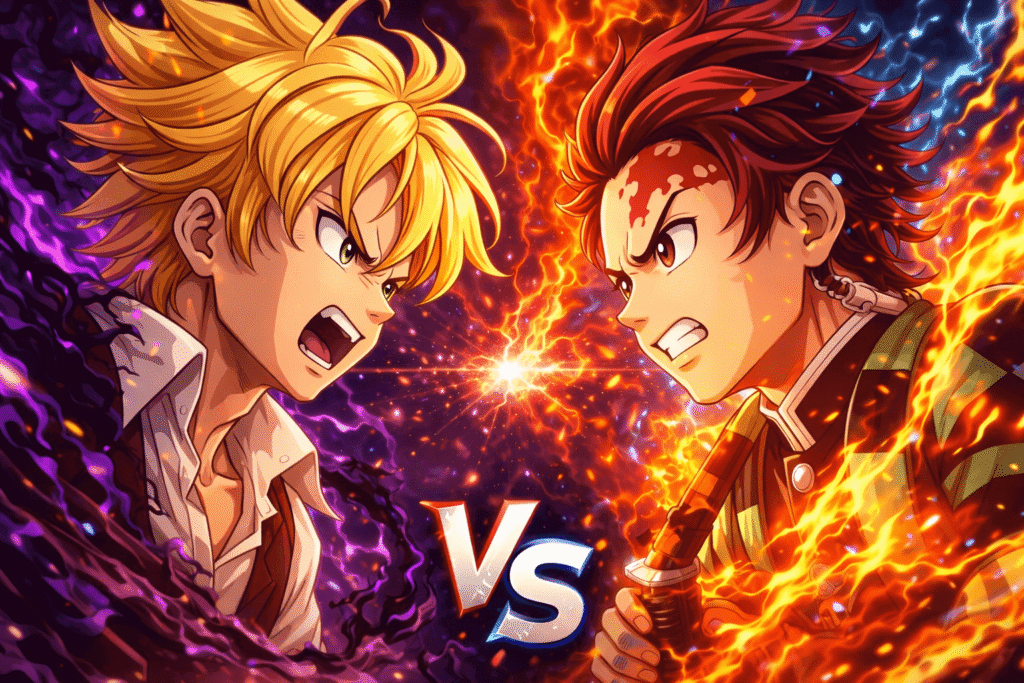 Meliodas e Tanjiro frente a frente em uma batalha épica de anime.