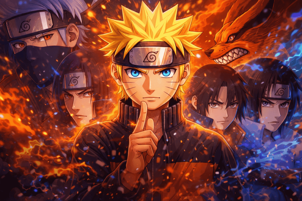 Naruto Uzumaki em destaque com expressão determinada, cercado por Kakashi, Sasuke, Itachi e Kurama ao fundo, em ilustração dramática com energia chakra e atmosfera épica do anime Naruto.