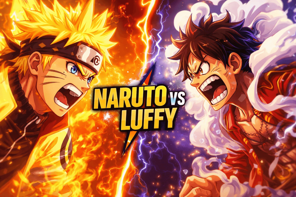 Naruto e Luffy frente a frente em um confronto épico, com energia intensa, efeitos de fogo e eletricidade, representando o duelo entre os dois animes.