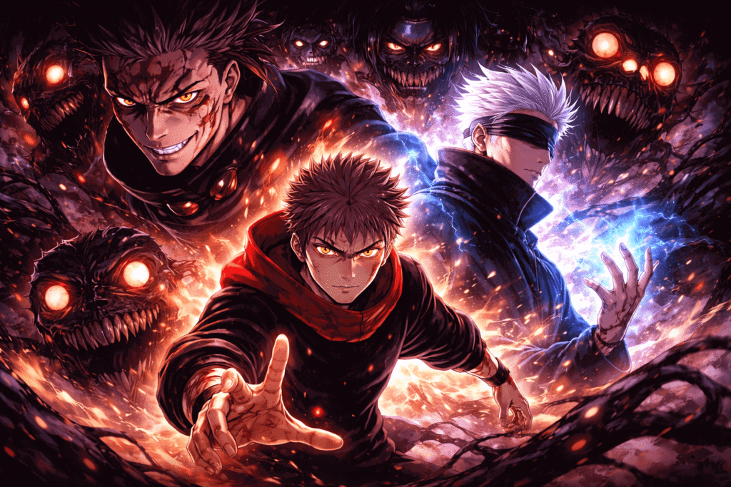 Personagens de Jujutsu Kaisen em clima sombrio cercados por maldições