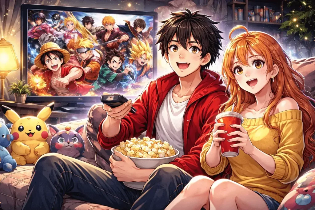 Pessoas iniciando no mundo dos animes enquanto assistem séries japonesas na TV, com personagens icônicos ao redor, representando um guia definitivo para começar a assistir animes do zero.