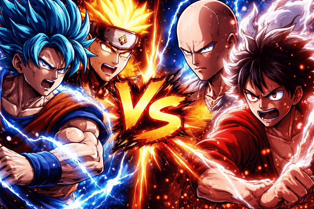 batalhas de animes épica entre personagens de animes famosos, com Goku em Super Saiyajin Blue e Naruto em modo Kurama enfrentando Saitama e Luffy Gear 5, separados por um “VS” com efeitos de energia e explosões