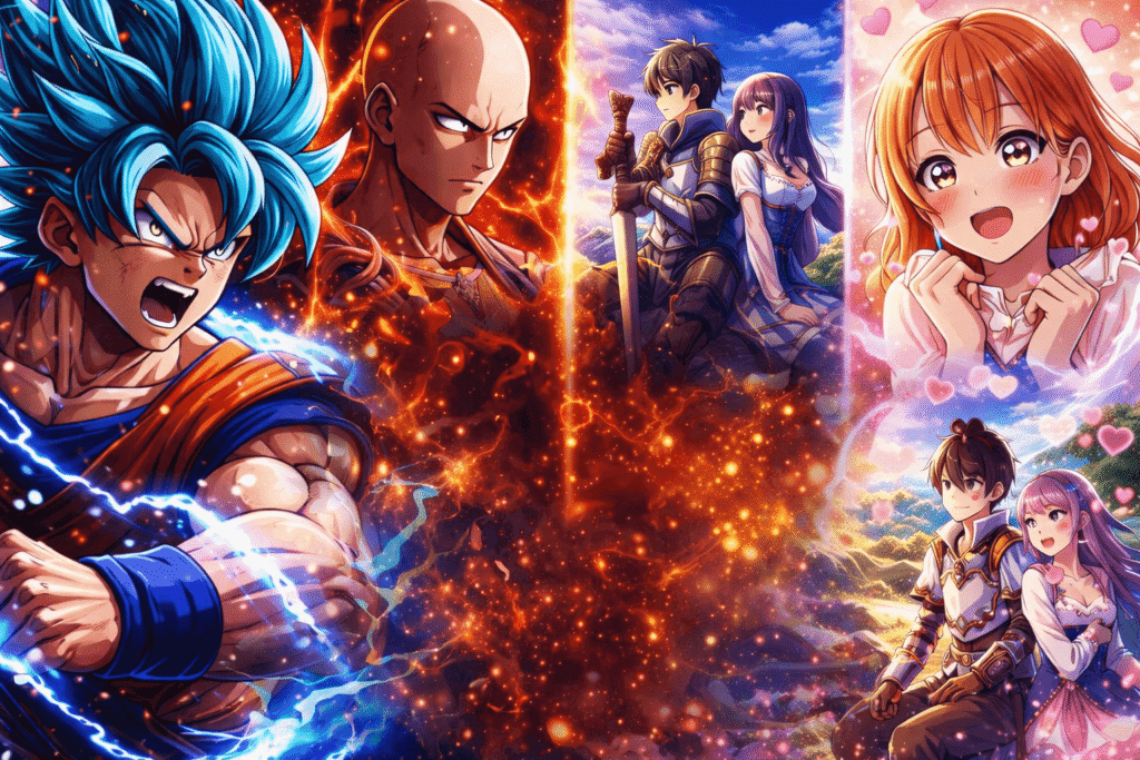 Ilustração representando os gêneros shonen, seinen, isekai e shojo em estilo anime