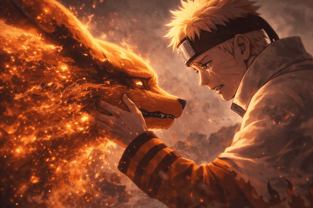 personagens naruto e kurama do anime naruto, os dois estão tristes se despedindo