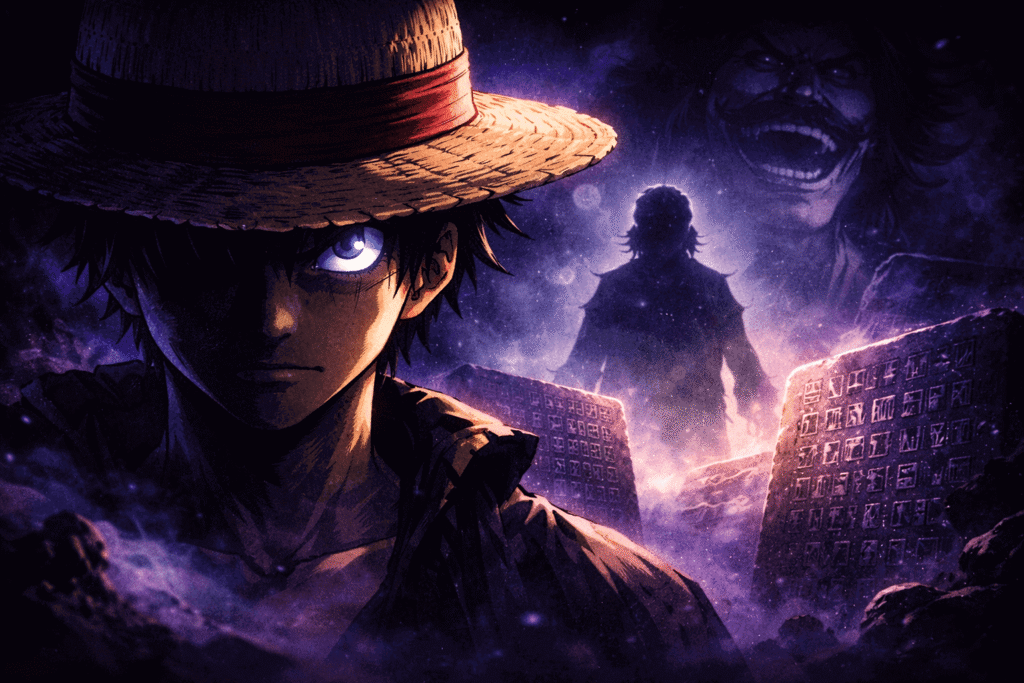 luffy do anime one piece em destaque na imagem atras a sombra de um homem o rosto de gol d. roger e os poneglyph, representando os mistérios de one piece