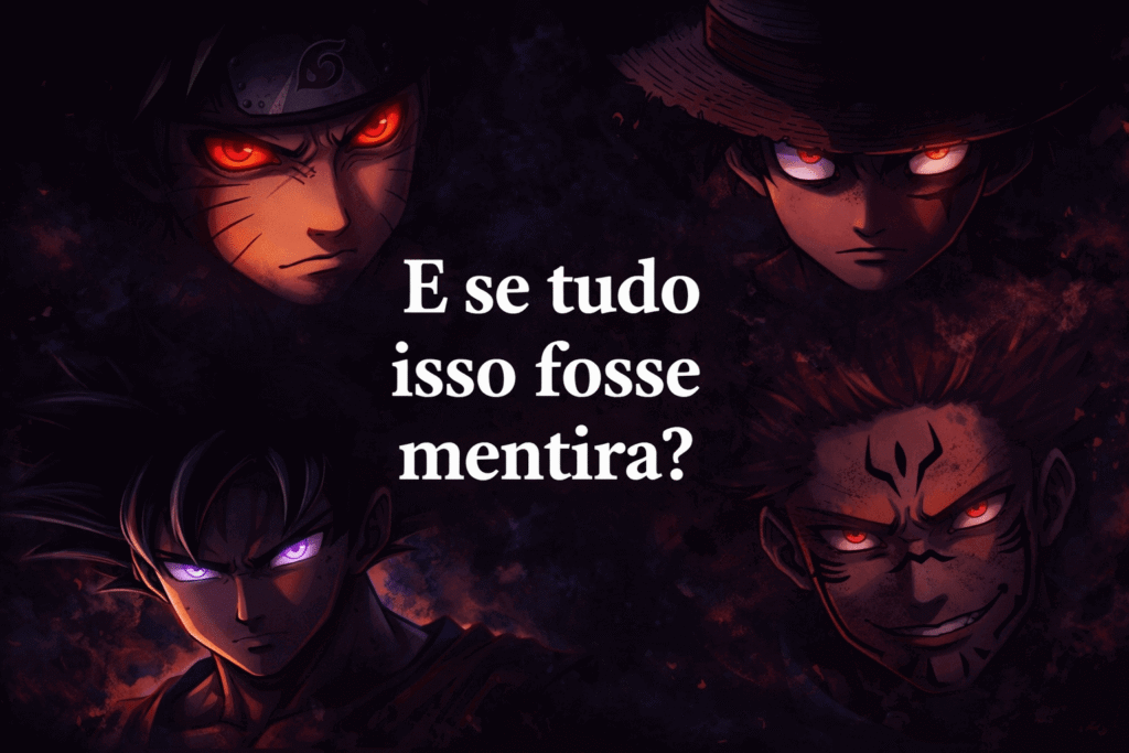 luffy, goku, sukuna e naruto com rostos sérios e intimidador, fundo escuro e sombrio