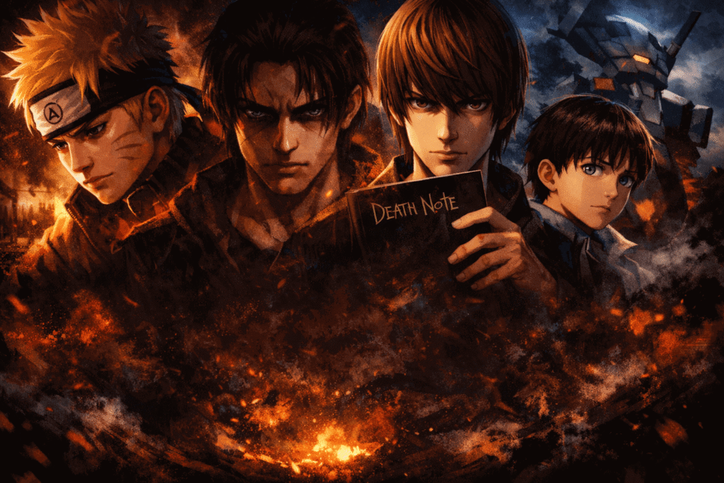 Personagens dos animes evagelion, death note, attak on titan e naruto em um fundo escuro com o aspecto sombrio