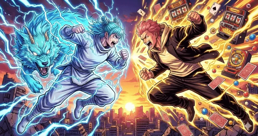 À esquerda, Kashimo, com cabelo azul, é envolto por raios azuis crepitantes e acompanhado por um grande lobo elétrico. À direita, Hakari, com cabelo rosa, irradia energia dourada cercado por máquinas de caça-níqueis, cartas de baralho e bolas de pachinko voadoras. Ambos os personagens estão no ar, prestes a colidir com expressões de grito, sobre uma cidade destruída durante um pôr do sol dramático.