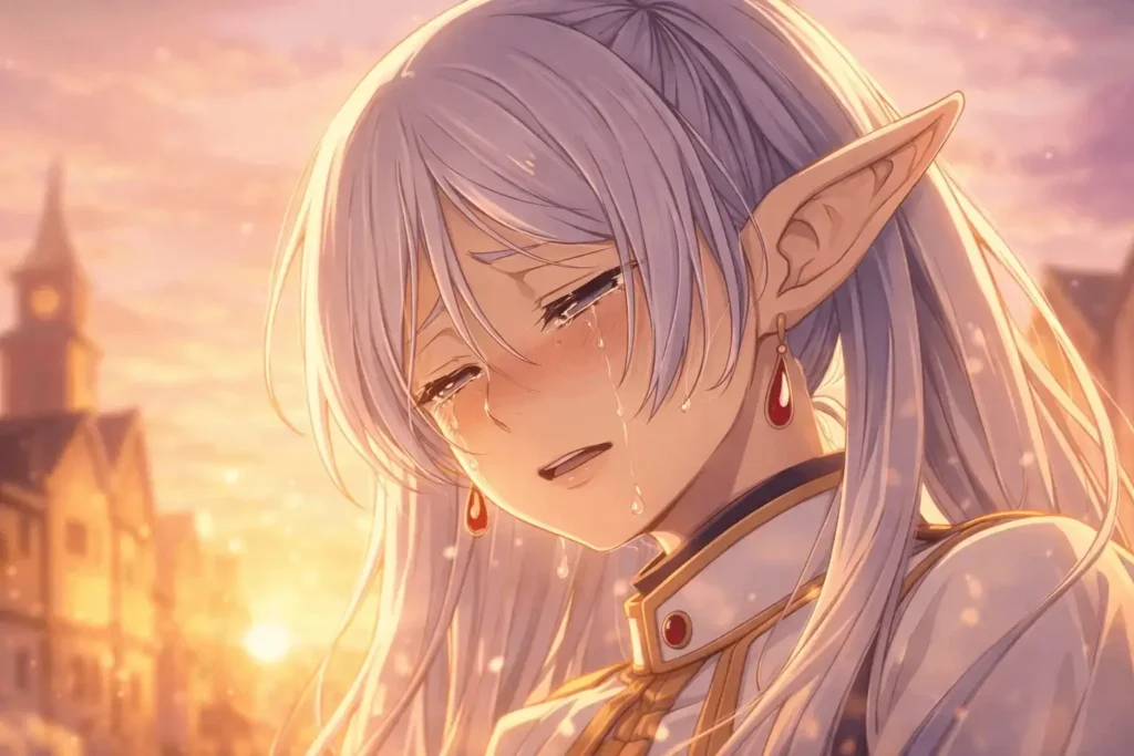 Frieren chorando ao pôr do sol em cena emocionante de Sōsō no Frieren, simbolizando o arrependimento tardio e o amor não declarado por Himmel, tema central sobre tempo, perda e memória no anime.