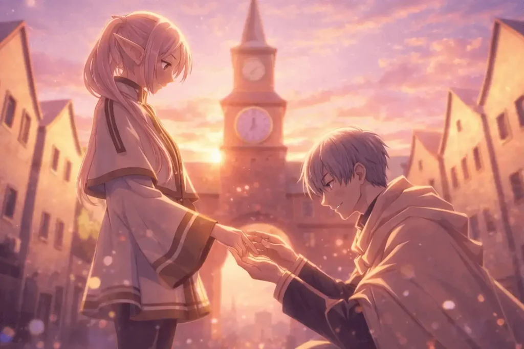 Frieren e Himmel em cena emocionante ao pôr do sol na cidade medieval, representando o verdadeiro significado do tempo em Sōsō no Frieren e a dor da despedida que marcou a jornada da elfa imortal.