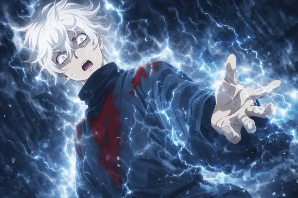 Gabimaru despertando seu poder em Hell’s Paradise, envolto por aura branca intensa e expressão determinada em cena dramática do anime Jigokuraku.