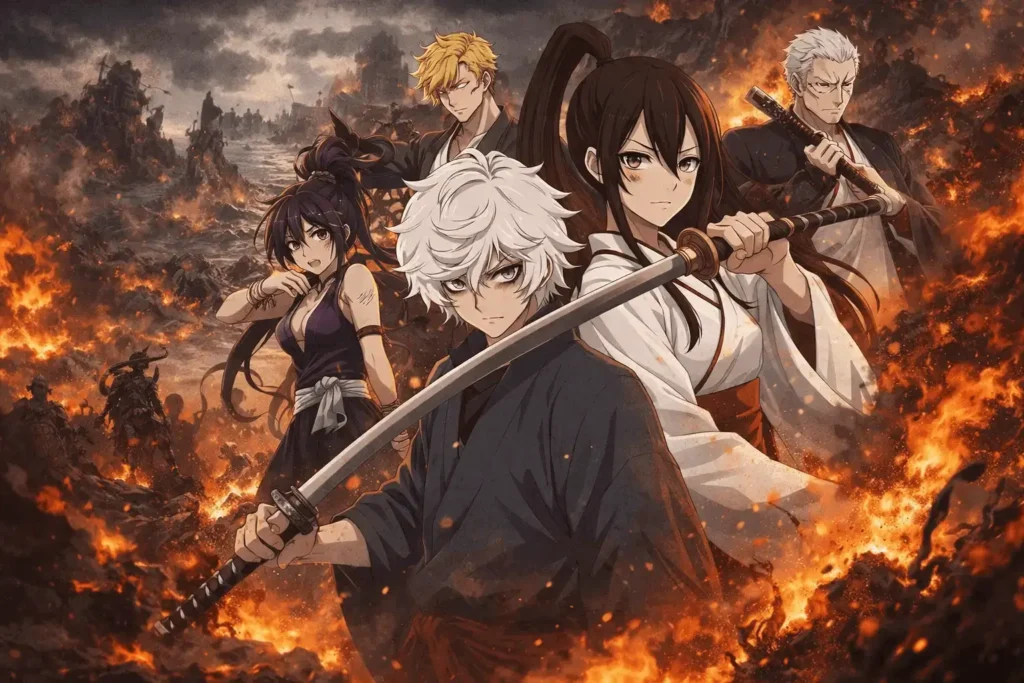 Gabimaru e Sagiri em destaque no clímax de Hell’s Paradise, cercados por aliados e um cenário em chamas na ilha Shinsenkyo, simbolizando o confronto final e o colapso da imortalidade.