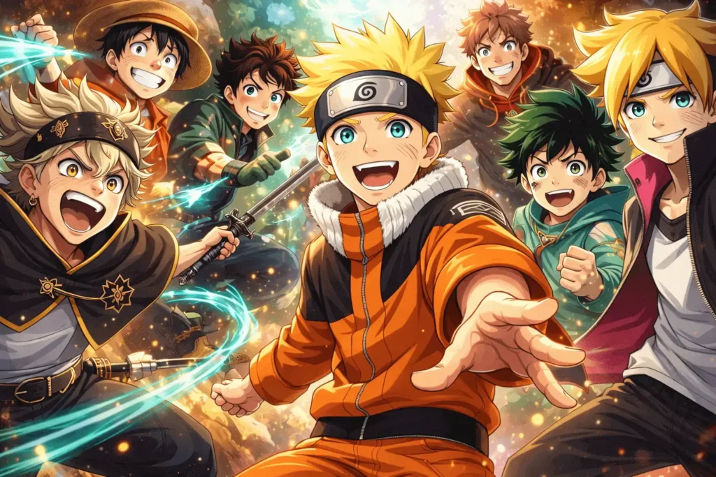 Ilustração em estilo anime com Naruto Uzumaki usando a bandana da Vila da Folha, ao lado de protagonistas de animes shonen semelhantes, representando animes para quem gostou de Naruto.
