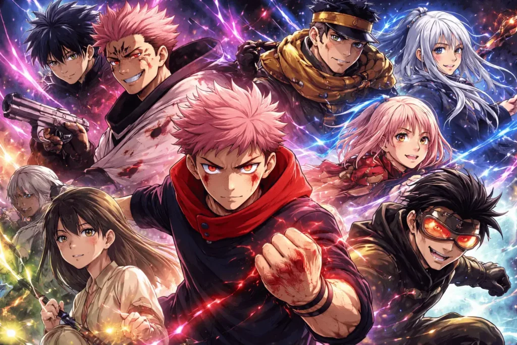 Ilustração em estilo anime com personagens icônicos de animes que retornam em janeiro de 2026, incluindo Yuji Itadori, Sukuna e protagonistas de séries populares, em uma composição dinâmica e energética.