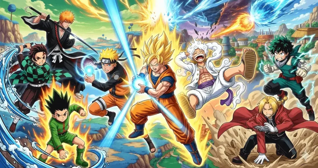 Ilustração em estilo anime com personagens icônicos de shonen em poses de batalha, representando os animes mais influentes da história.