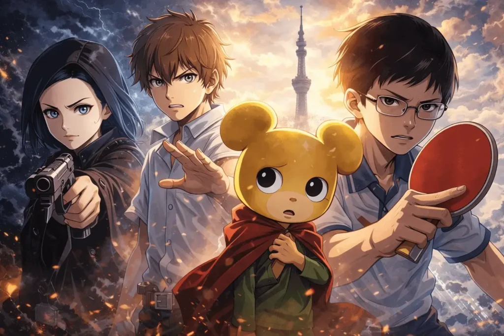 Ilustração em estilo anime com personagens pouco conhecidos em destaque, representando animes subestimados que merecem mais reconhecimento.