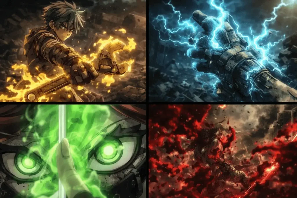 Ilustração em estilo anime com quatro cenas mostrando os poderes de Gachiakuta Rudo usando um objeto energizado, detalhes de energia ativa, olhos brilhando com poder e uma batalha caótica que representa risco e intensidade.