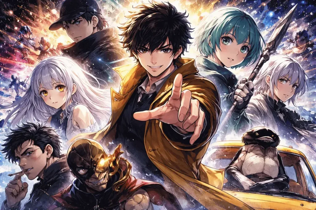 Ilustracao-em-estilo-anime-com-varios-personagens-pouco-conhecidos-em-pose-dinamica_-fundo-explosivo