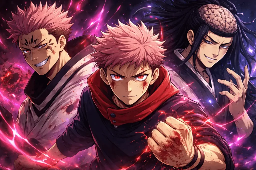 Ilustração em estilo anime de Jujutsu Kaisen mostrando Yuji Itadori no centro com energia amaldiçoada, Sukuna com expressão ameaçadora à esquerda e Kenjaku à direita, representando o confronto central do arco atual do anime.