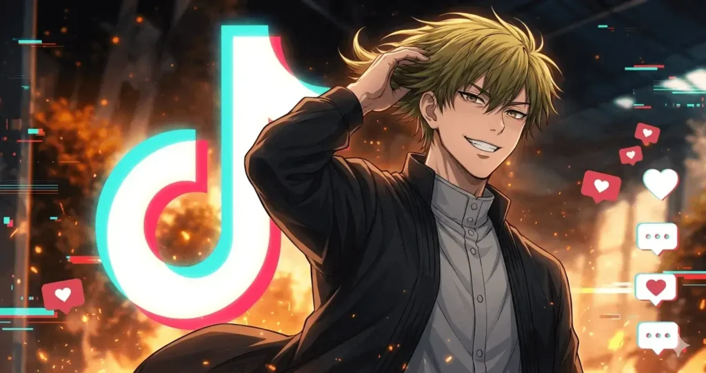 Ilustração em estilo anime de Naoya Zenin fazendo o hair flip, com o logo do TikTok ao fundo, representando a cena viral de Jujutsu Kaisen.