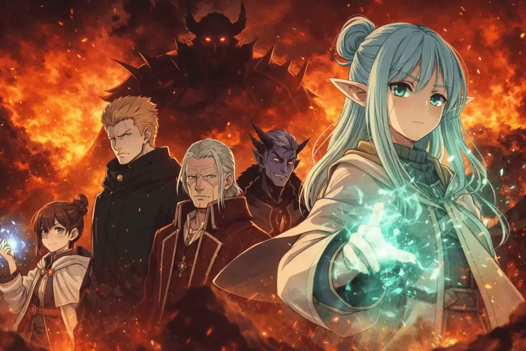 Ilustração em estilo anime de Sōsō no Frieren mostrando Frieren em destaque no primeiro plano com magia verde brilhando na mão, enquanto Serie, Fern, Stark e poderosos demônios aparecem ao fundo em um cenário em chamas, representando o ranking dos personagens mais fortes da obra.