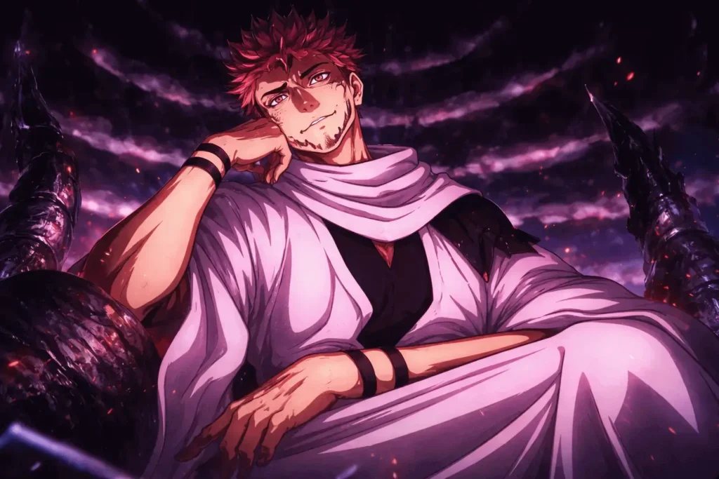 Ilustração-em-estilo-anime-de-Sukuna-sentado-de-forma-confiante-em-um-trono-sombrio_-envolto-por-aura-roxa-e-vermelha.