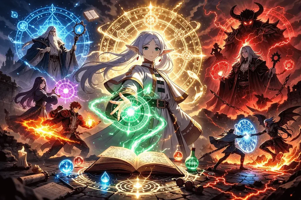 Ilustração em estilo anime de elfa maga com cabelos prateados conjurando círculo mágico azul com runas brilhantes, segurando cajado, cercada por grimório antigo, poções e cenário de batalha mística ao fundo.