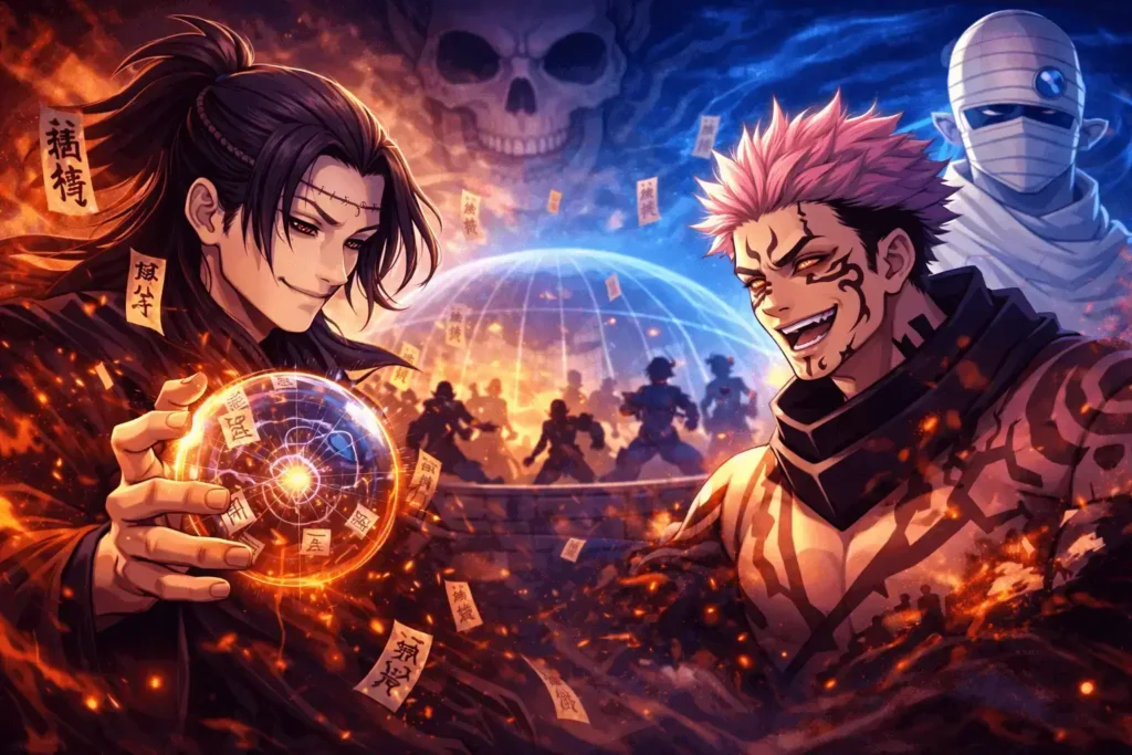 Ilustração em estilo anime inspirada em Jujutsu Kaisen, com três figuras poderosas diante de uma barreira luminosa, energia amaldiçoada em destaque e cenário caótico ao fundo.