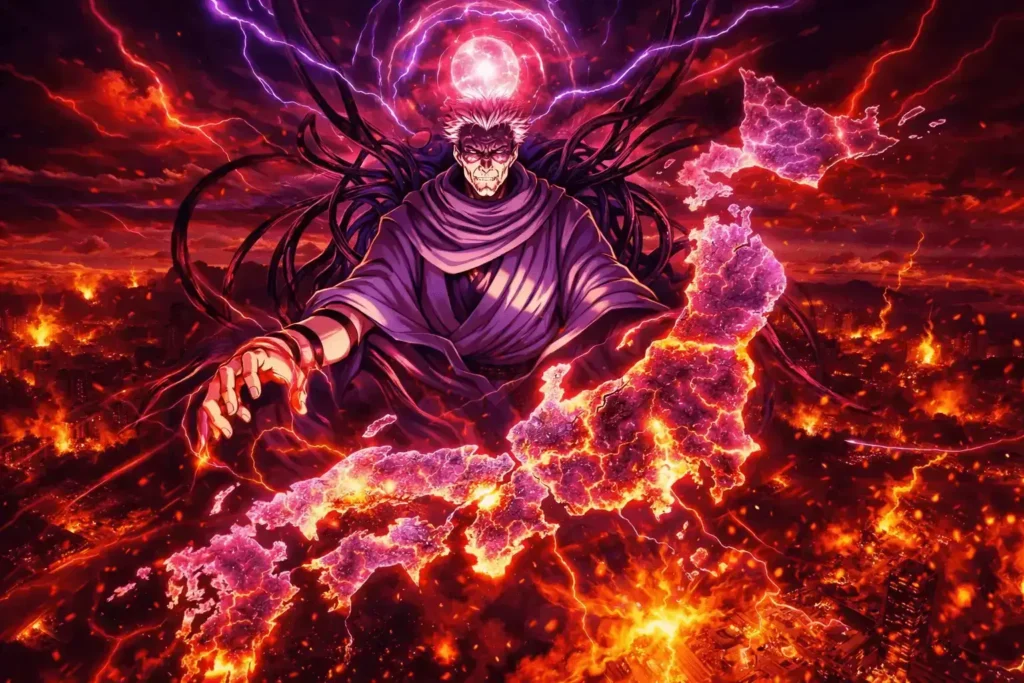 Ilustração em estilo anime mostrando Tengen como uma entidade colossal e ameaçadora pairando sobre o Japão em chamas, com raios roxos cortando o céu vermelho enquanto ele estende as mãos sobre um mapa do país rachado