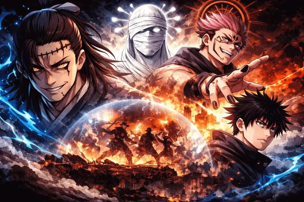 Ilustração em estilo anime mostrando personagens centrais inspirados em Jujutsu Kaisen em meio ao caos do Culling Game, com energia amaldiçoada azul e vermelha, cidade em chamas ao fundo e uma barreira de batalha envolvendo lutadores sob um clima apocalíptico.