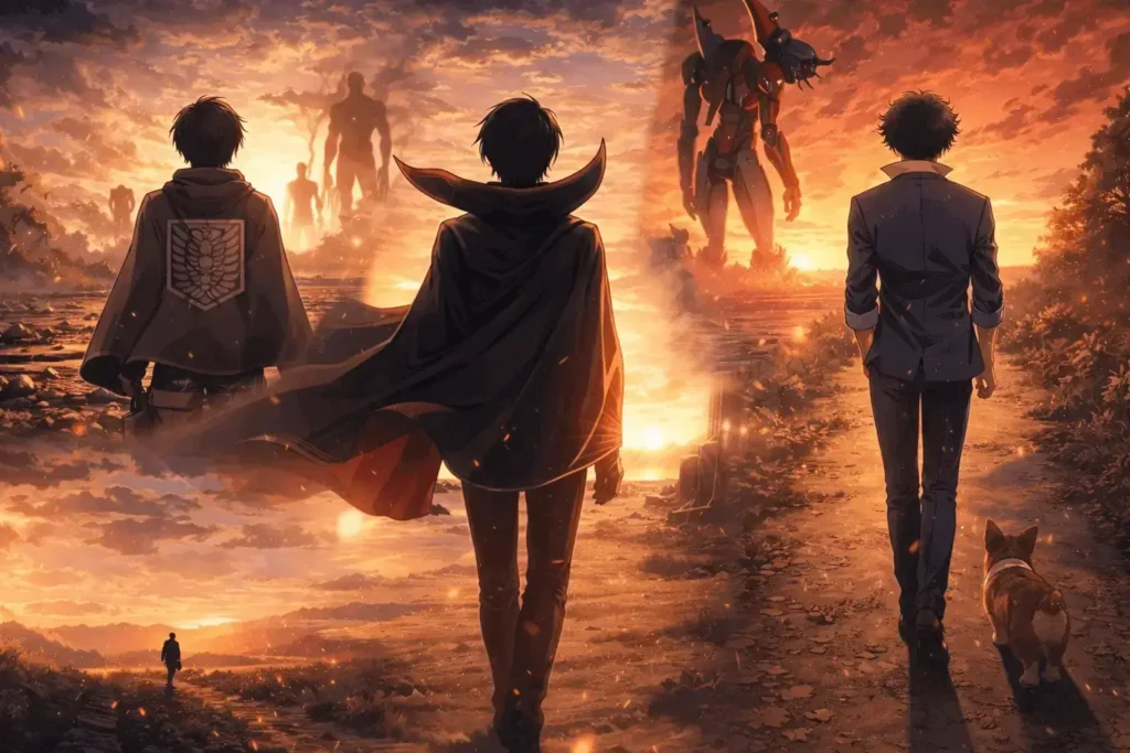 Ilustração em estilo anime mostrando personagens em cenas finais emocionantes, representando animes com os finais mais marcantes da história.