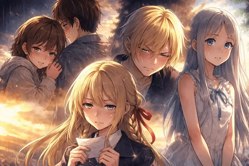 Ilustração em estilo anime mostrando personagens emocionados de animes tristes e marcantes.