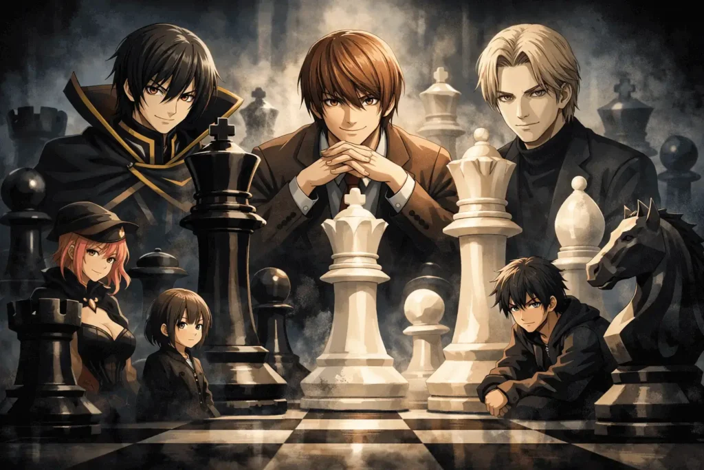 Ilustração em estilo anime mostrando personagens estratégicos e manipuladores como Lelouch, Light e Johan representados em um tabuleiro de xadrez gigante, simbolizando inteligência, manipulação e jogos mentais nos animes.