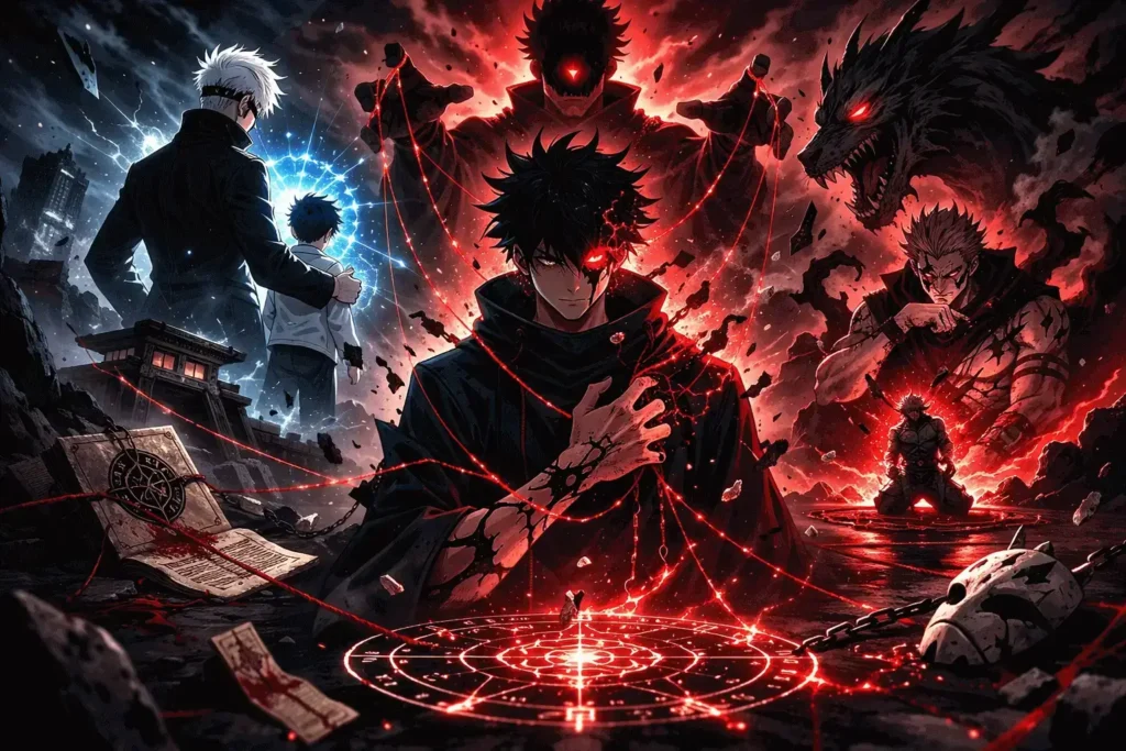 Ilustração em estilo anime mostrando um jovem feiticeiro ajoelhado em um cenário destruído, com correntes e fios vermelhos o manipulando como uma marionete, enquanto figuras poderosas observam ao fundo sob um céu dividido.