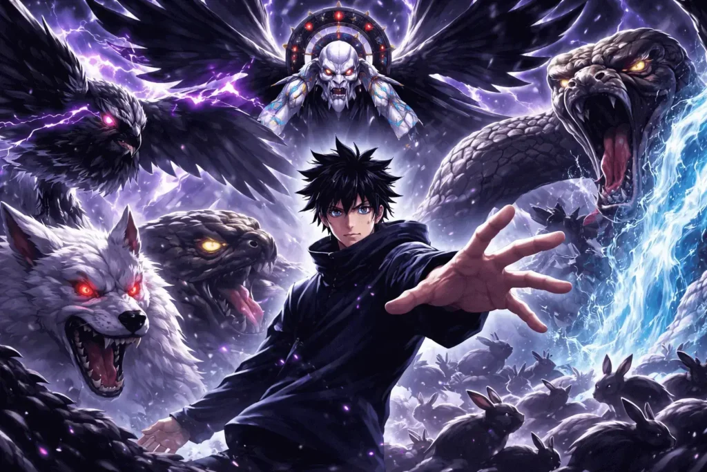 Ilustração em estilo anime mostrando um jovem feiticeiro com expressão intensa invocando sombras em forma de criaturas ao seu redor, com aura sombria e atmosfera dramática ao fundo.