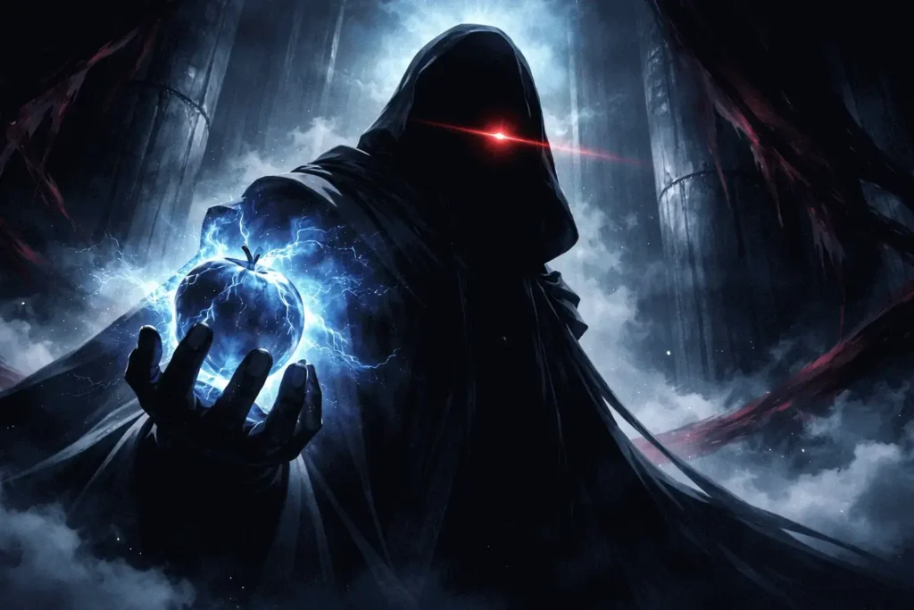 Imu envolto em sombras segurando uma esfera de energia azul brilhante, em ambiente místico e dramático, representando a teoria da imortalidade em One Piece.