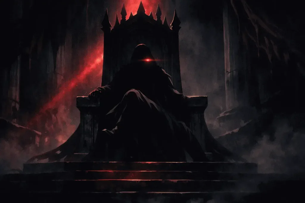 Imu sentado no Trono Vazio em One Piece com atmosfera sombria