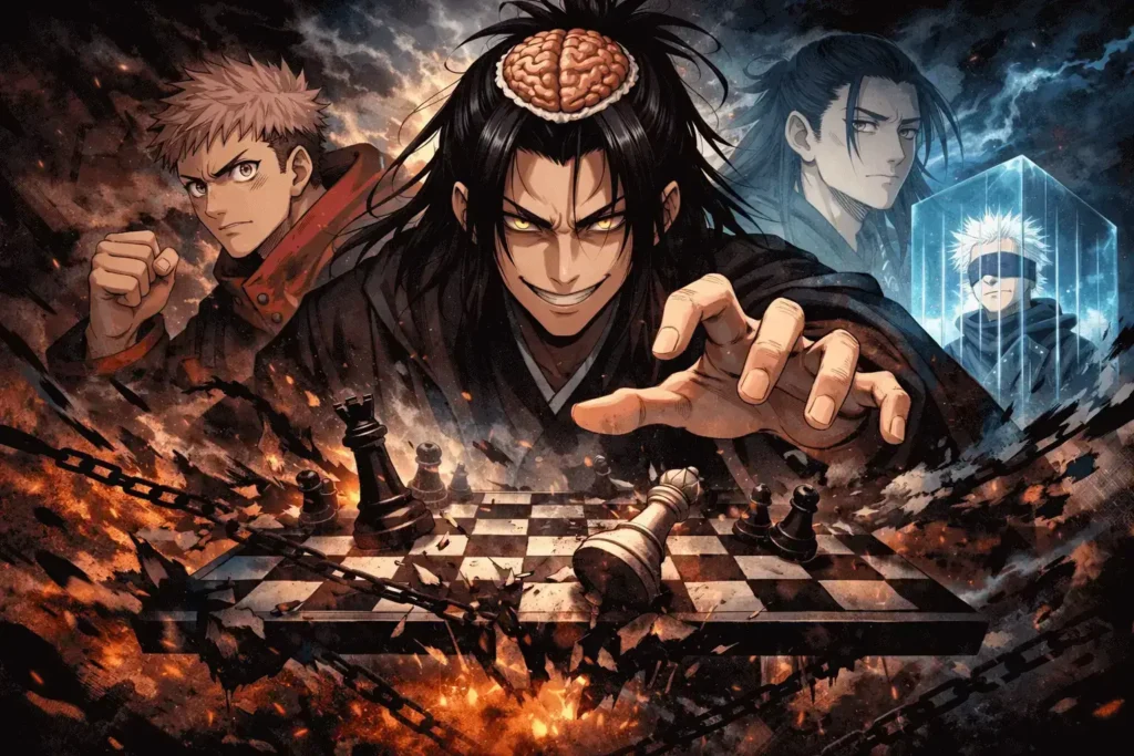 Ilustração em estilo anime mostrando Kenjaku com expressão sombria e confiante, parcialmente envolto por energia amaldiçoada roxa e vermelha, enquanto fragmentos de barreiras quebradas e símbolos místicos flutuam ao redor, sugerindo que seu plano pode estar prestes a ruir.