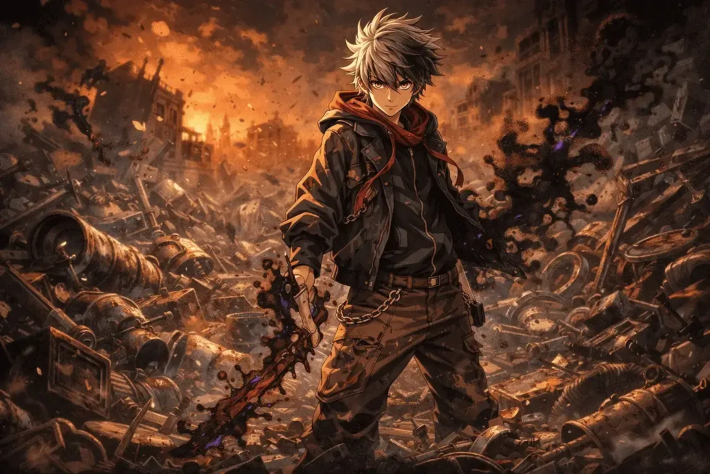 Rudo, protagonista de Gachiakuta, agachado em um lixão repleto de sucata e detritos, segurando uma chave inglesa brilhando com energia azul, enquanto uma criatura feita de lixo emerge atrás dele em um cenário sombrio e caótico.