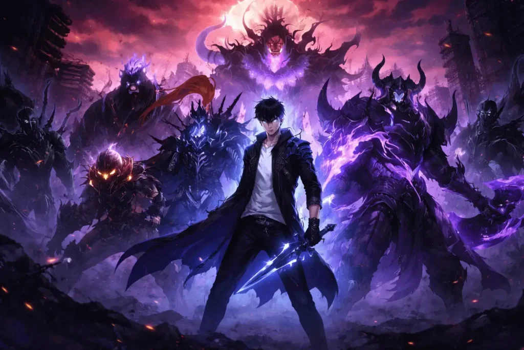 Sung Jin-Woo em destaque cercado por seus soldados das sombras mais poderosos, incluindo Igris, Bellion e Beru, em um cenário de cidade destruída, representando os personagens mais fortes de Solo Leveling e o auge do poder do Monarca das Sombras.